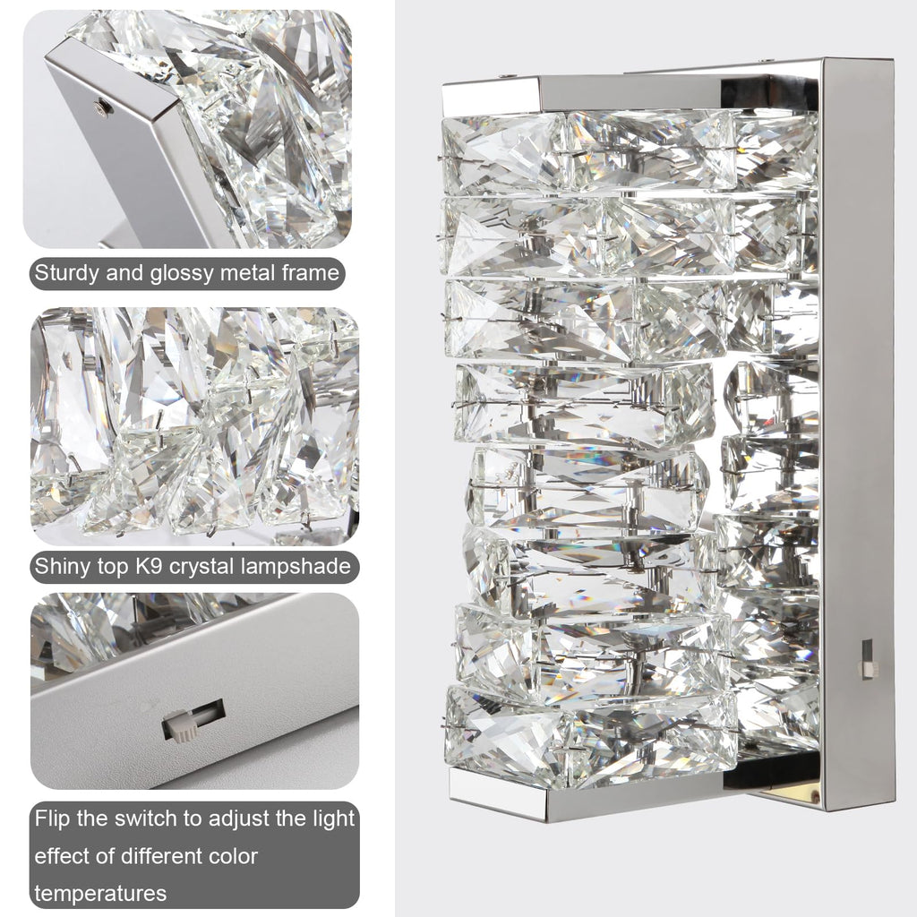 Chrome Crystal Wall Sconces, Modern Dimmable LED Wall Light Fixtures with 3 Color Temperature, K9 Elegant Crystal