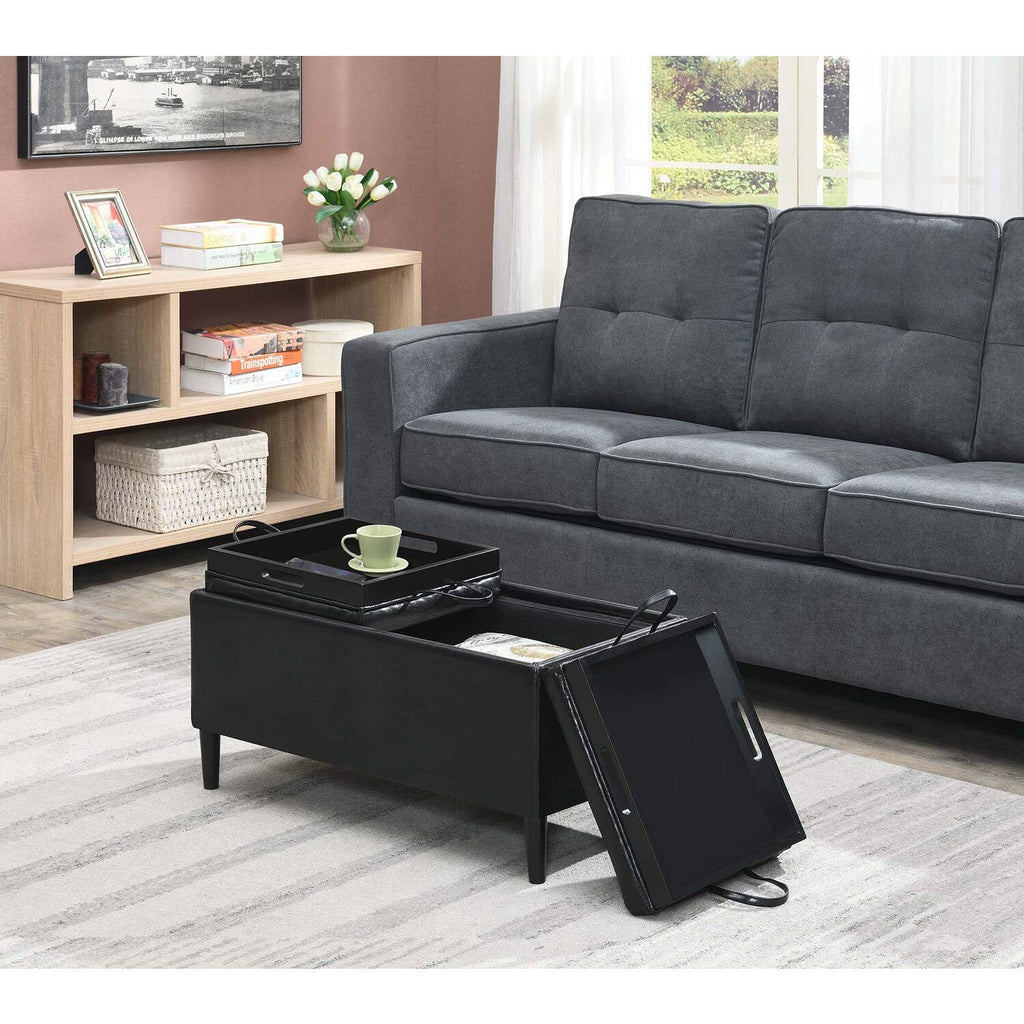 Designs4Comfort Magnolia Storage Ottoman with Reversible Trays, Black Faux Leather