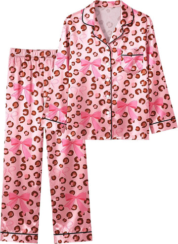 Girls Silk Pajamas Cute Pjs Sets Satin Girls' Long Sleeve Sleepwear for Kids Button Down Soft Loungewear