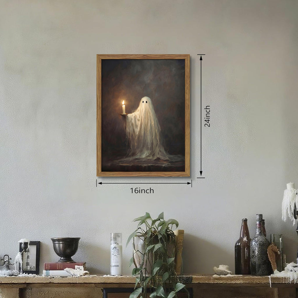 Framed Cute Halloween Ghost Wall Art - Vintage Halloween Canvas Print, Ghost Holding Candle Picture, Dark Academia