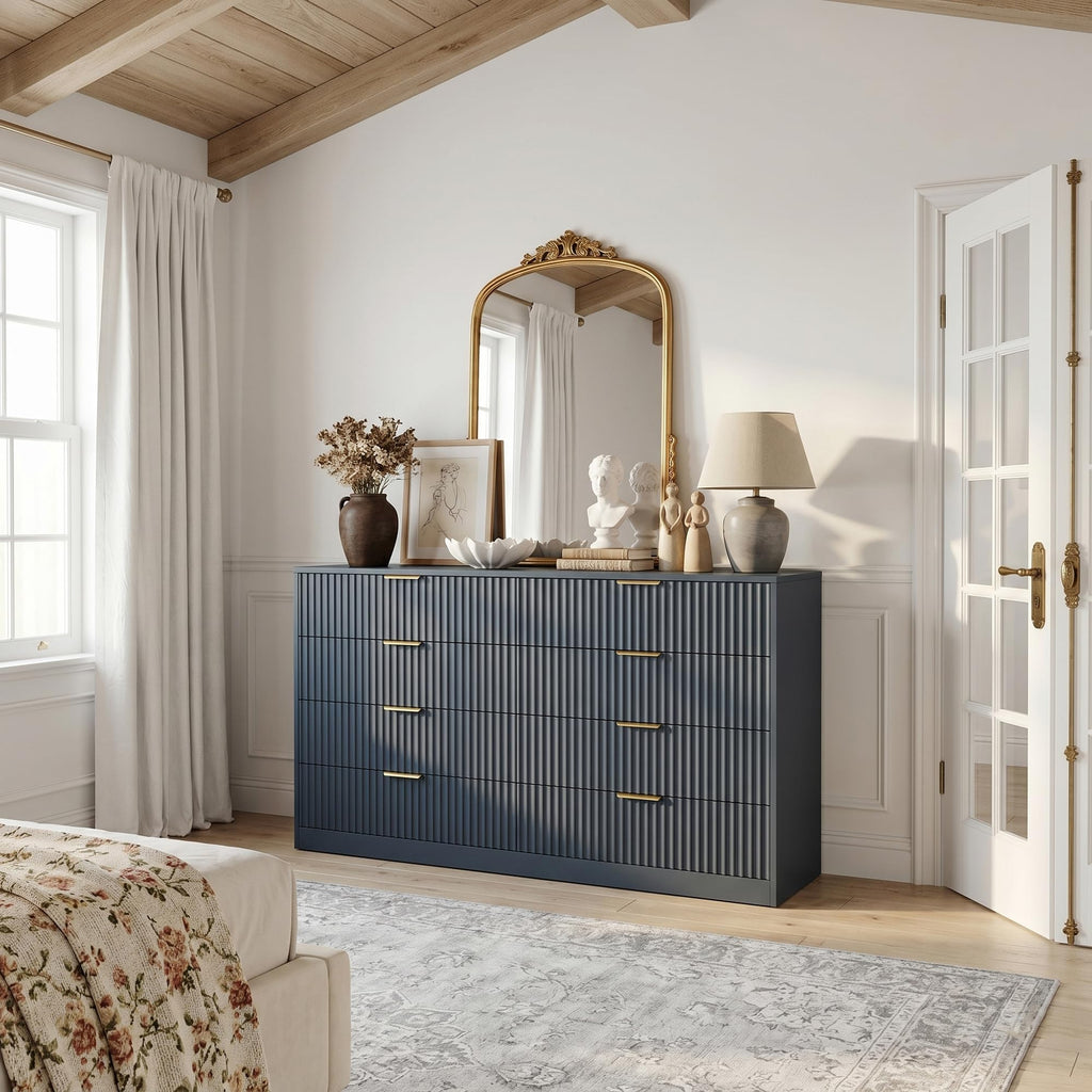 Navy Blue 8 Drawer Dresser, 55" Wide Fluted Chest of Drawers with Gold Metal Handles, Modern Wooden Dresser, Closet