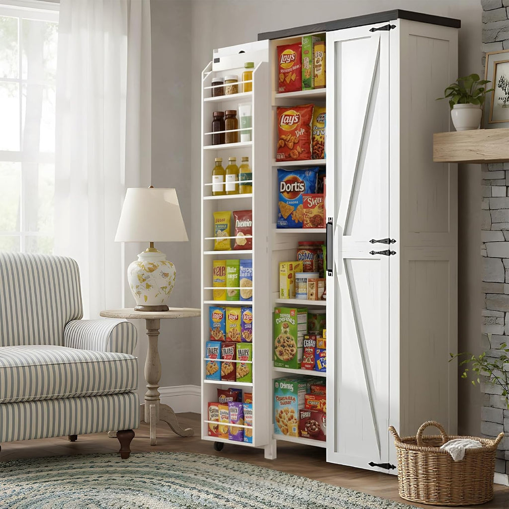 Food Pantry Storage Cabinet with Led Light, 71" Tall Farmhouse Kitchen Pantry Cabinet with Adjustable Shelves, Free