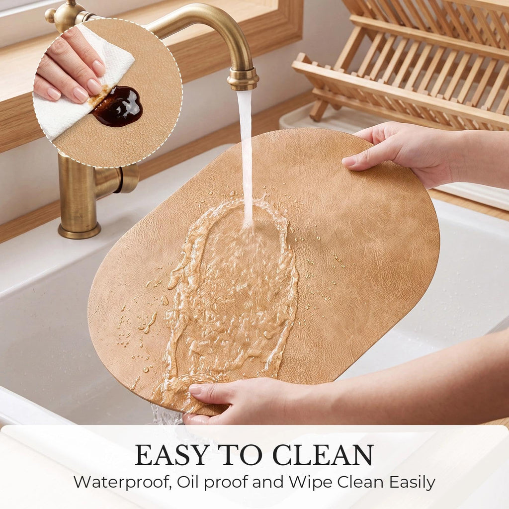 Vinyl Faux Leather Oval Placemats, Set of 4, Camel