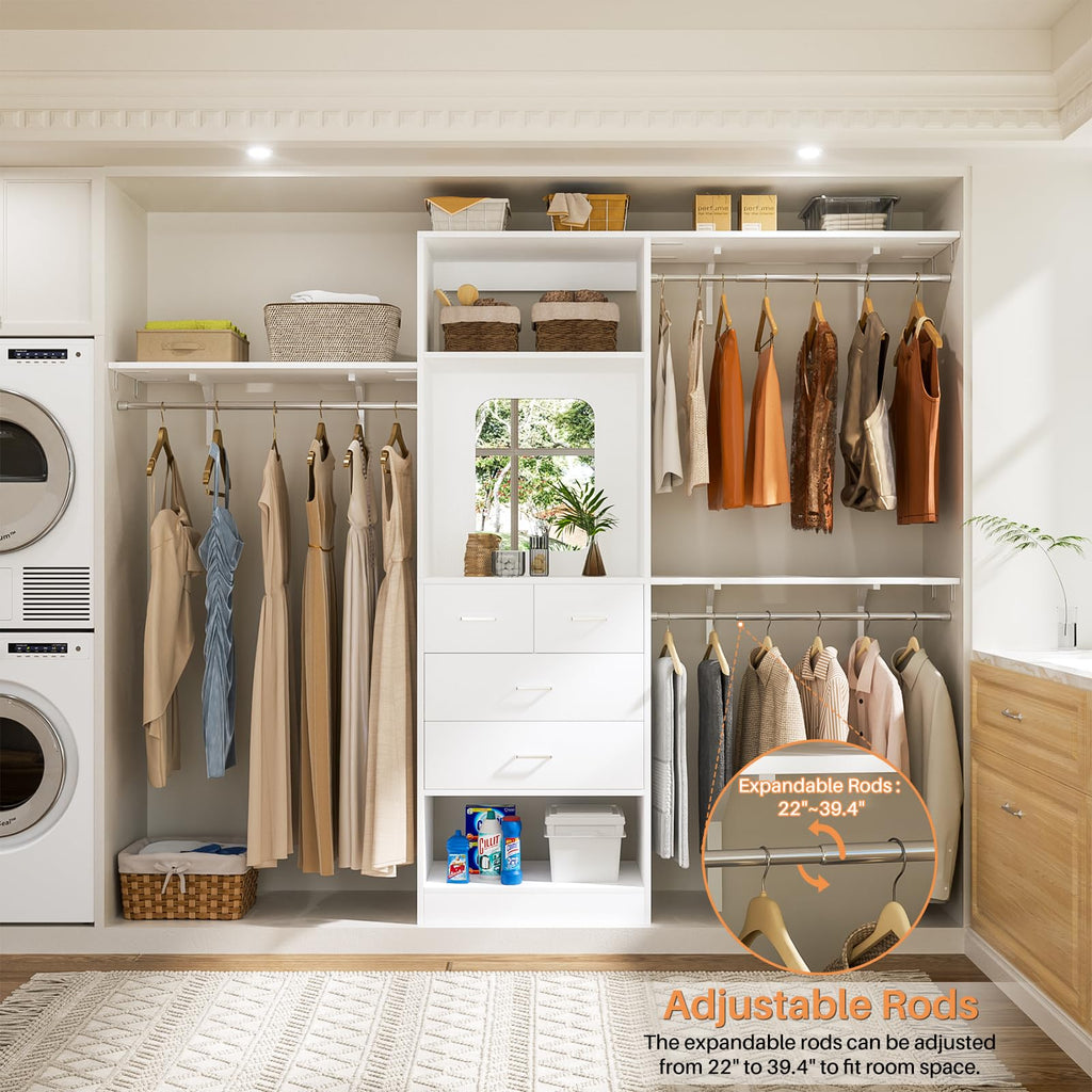 8FT Closet System with 4 Drawers, 96" Wood Closet Organizer with Mirror and Hanging Rods, Sturdy Walk in Wardrobe