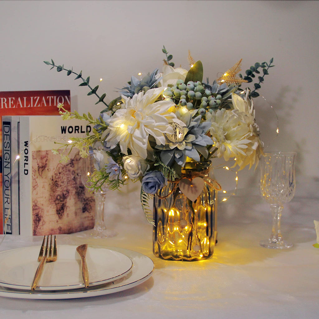 Fake Flowers with Vase, Silk Dusty Blue Rose Hydrangea Artificial Flowers in Vase Faux Dahlia Flowers Arrangement