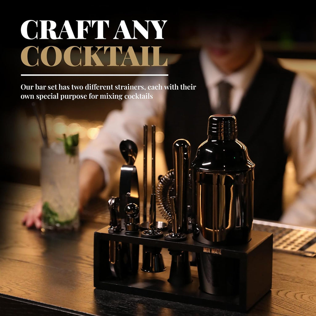 Black Stainless Steel Cocktail Shaker Set with Wood Stand - Bartender Kit with Drink Shaker, Bar Spoon - Set of 15