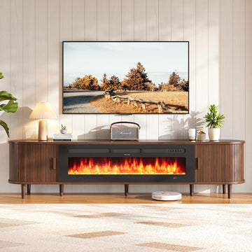90" Mid Century Modern TV Stand with Fireplace, Fluted Fireplace TV Stand, Entertainment Center with Sliding Door, TV