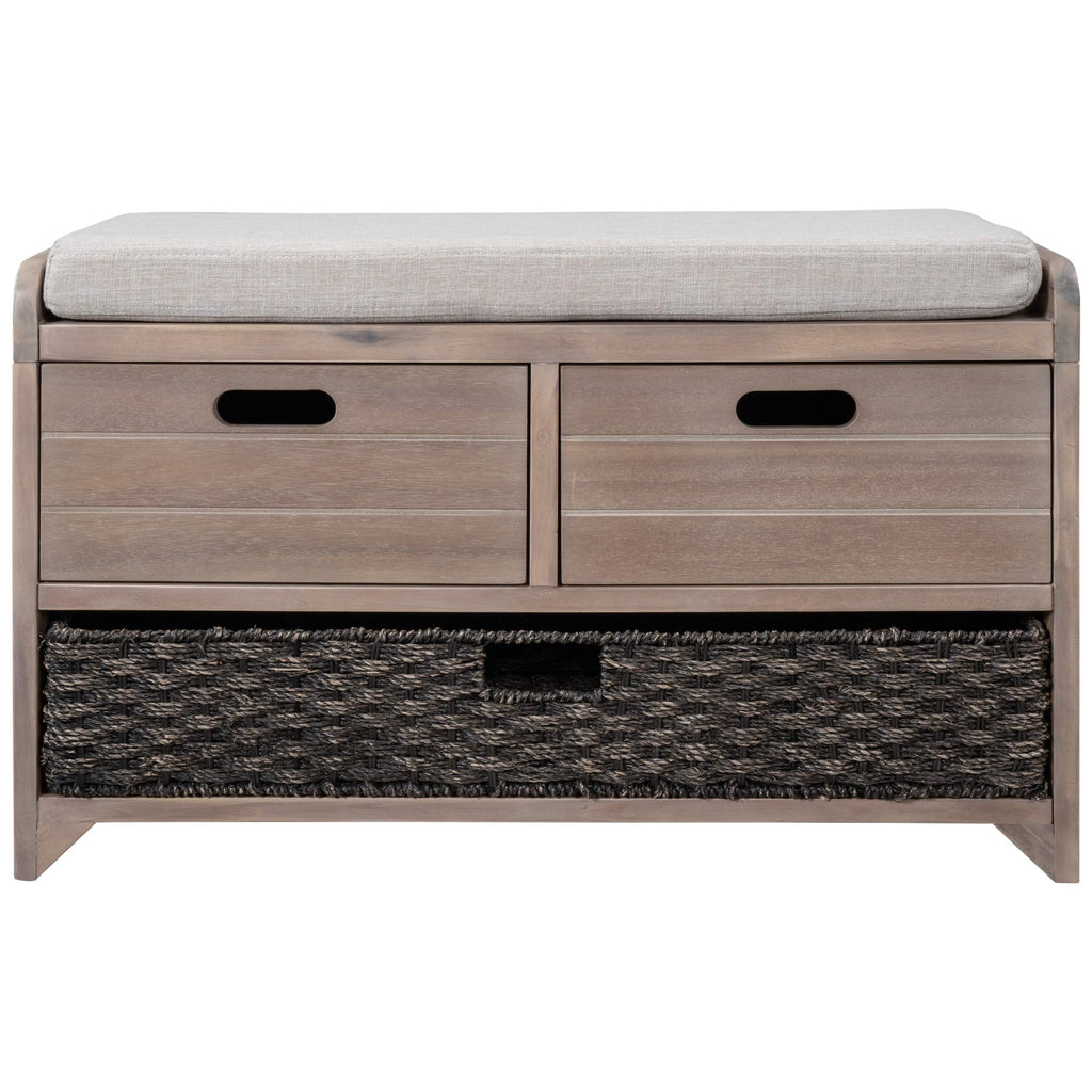 Farmhouse Storage Bench with 2 Drawers, Removable Cushion and Wicker Basket, Bedroom Living Room Bench for Small