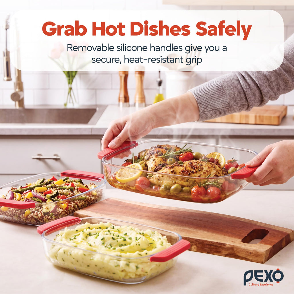 6-Piece Deep Glass Baking Dishes with Plastic Lids, Clear Glass Bakeware with Silicone Handles, (2.11QT, 3QT, 4.12QT)