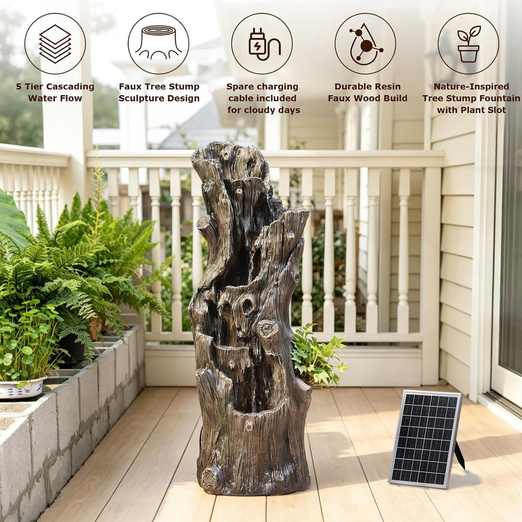 39.37" Tall Solar Water Fountain Outdoor Garden Faux Tree Stump | 5 Tier Solar Powered Water Fountains with LED