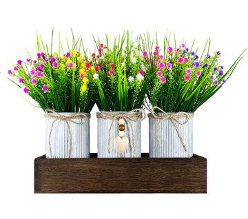 Gypsophila Baby's Breath Artificial Flowers in Rustic Metal Pots and Wood Tray, Table Centerpiece Decorations Fake