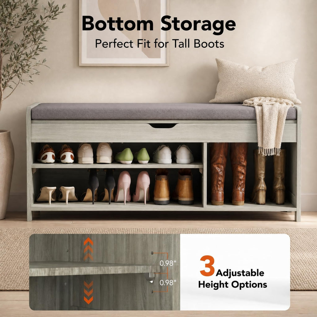 Shoe Storage Bench with Seating, Farmhouse Entryway Bench, Grey