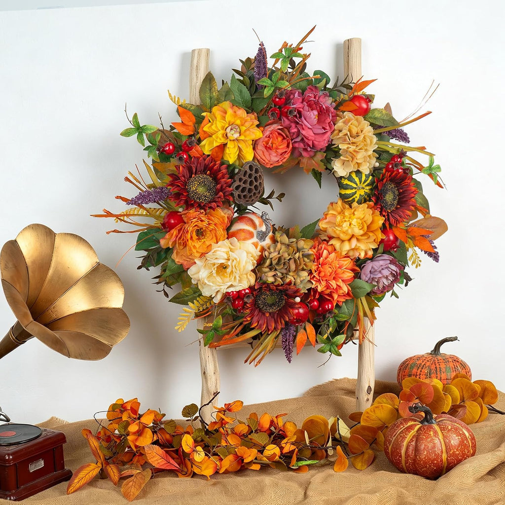 24 Inch Artificial Harvest Fall Wreaths for Front Door,Porch & Entryway