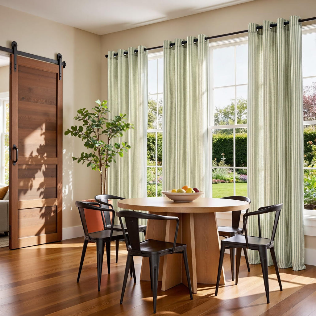 Linen Curtains, Striped Green Curtains 84L, 2 Panels
