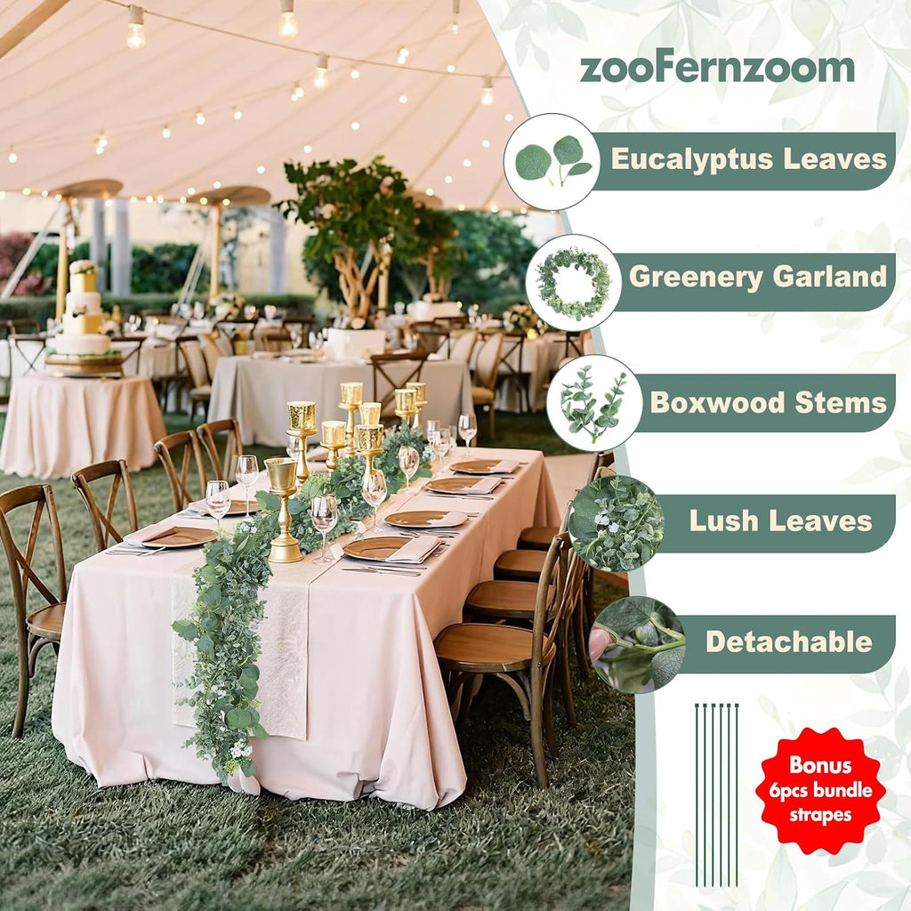 Eucalyptus Garland for Table, 6' Faux Eucalyptus Garland w/Flowers & Seeds