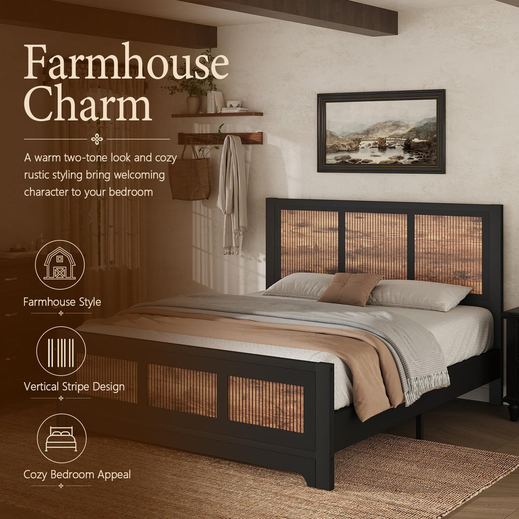 Farmhouse Bed Frame with Headboard and Footboard, Platform Bed Frame with Vertical Stripe Design, Wood Slat
