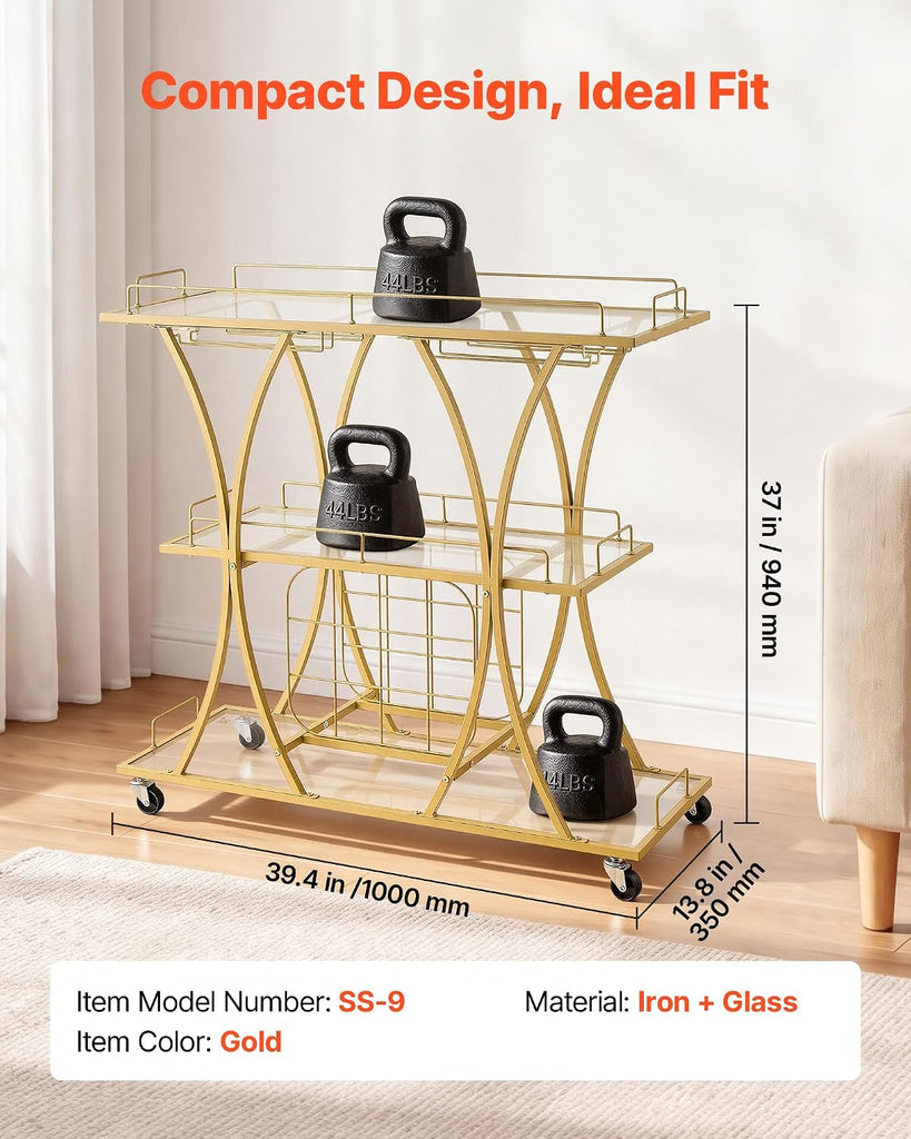 Bar Cart, 3 Tiers Home Kitchen Serving Carts, Modern Rolling Utility Station on Wheels, Drink Beverage Trolley with