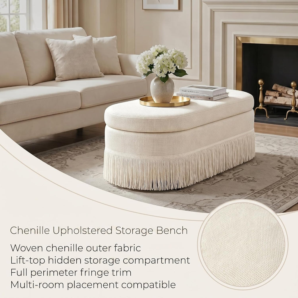 End of Bed Storage Bench, Oval Chenille Fringe Ottoman | 39"L × 16"D × 16"H, 350 lbs Capacity, Twist-On Metal Legs