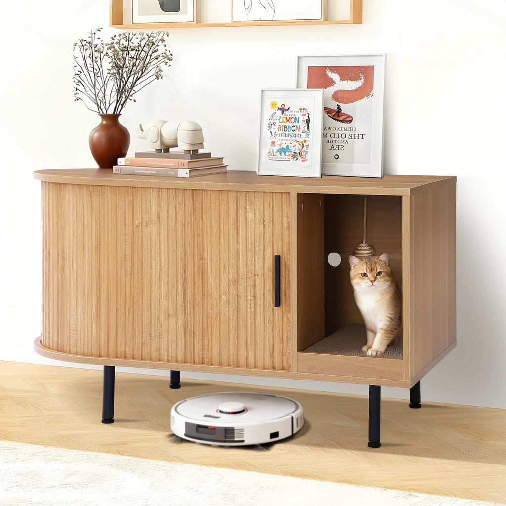 Cat Litter Box Furniture Enclosure with Scratch Pad, Hidden Fluted Cabinet with Sliding Door, Multi-Functional Modern