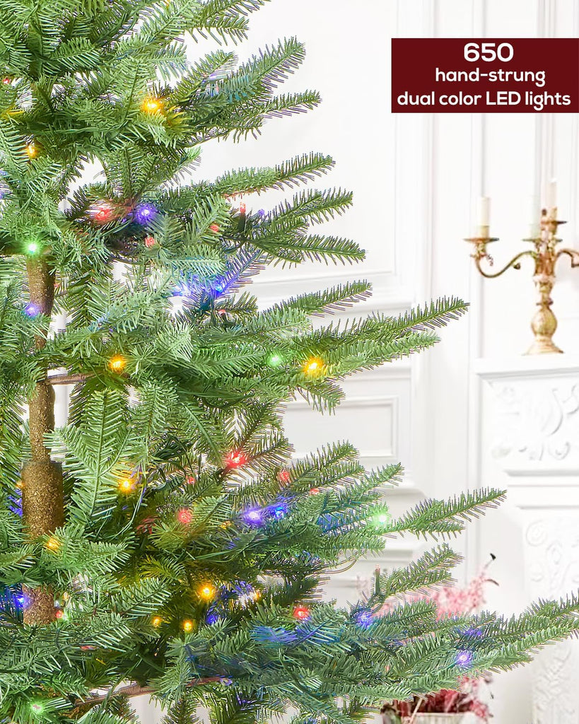 Pre-lit Christmas Tree Fir with Remote Control, 650 Warm White Multi-Color Lights, Hinged/Feel Real/Realistic