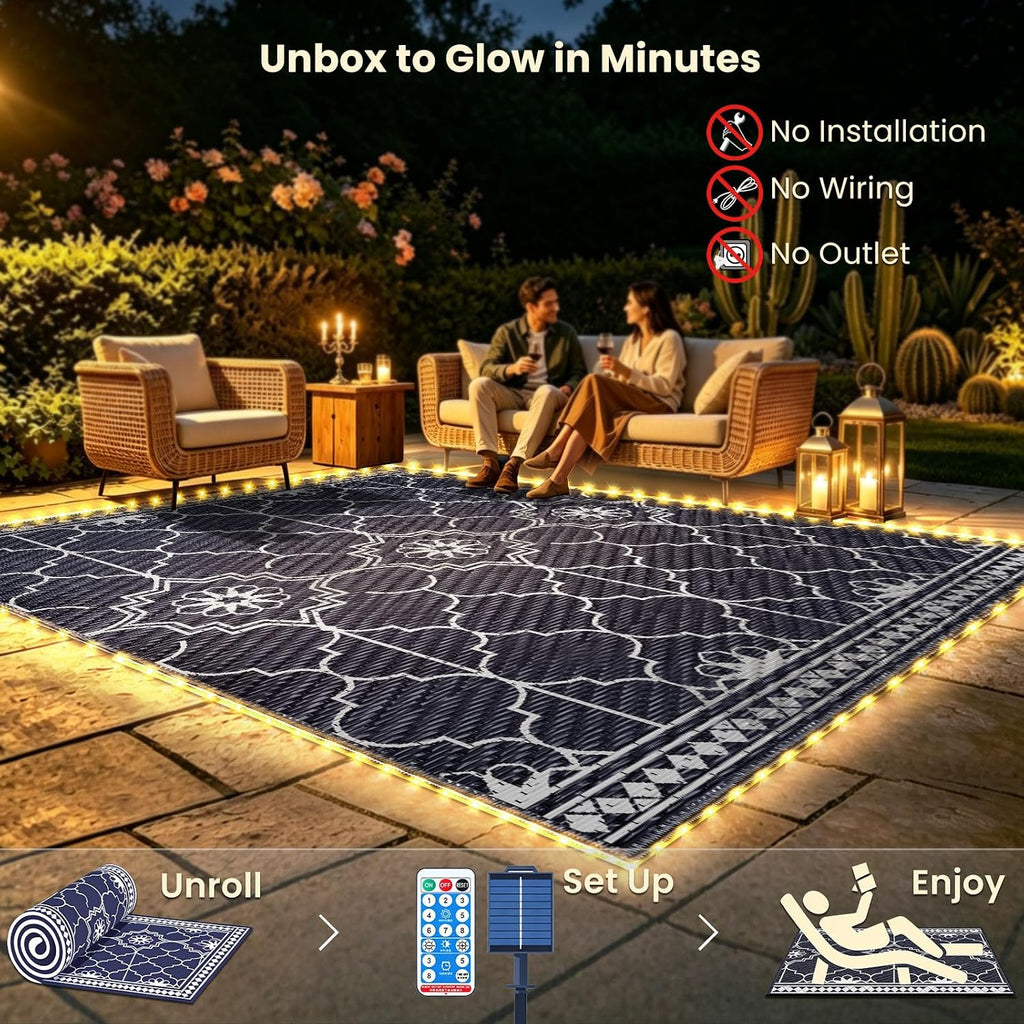 Lighted Outdoor Rug 8x10 ft, Solar Powered Patio Rug with 113 LED Lights, Waterproof Plastic Reversible Outdoor Straw