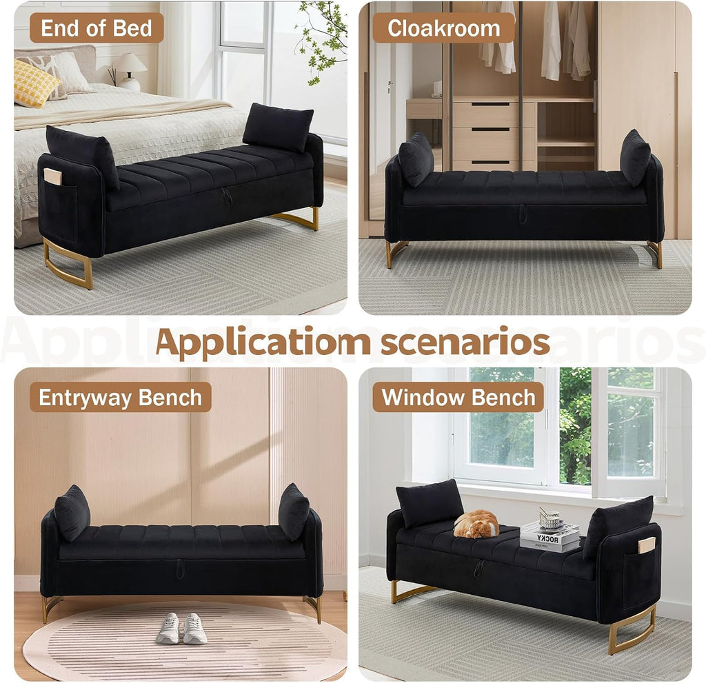 66" End of Bed Storage Bench King Size, Velvet Storage Benches Foot of Bed, Upholstered Storage Ottoman Bench with