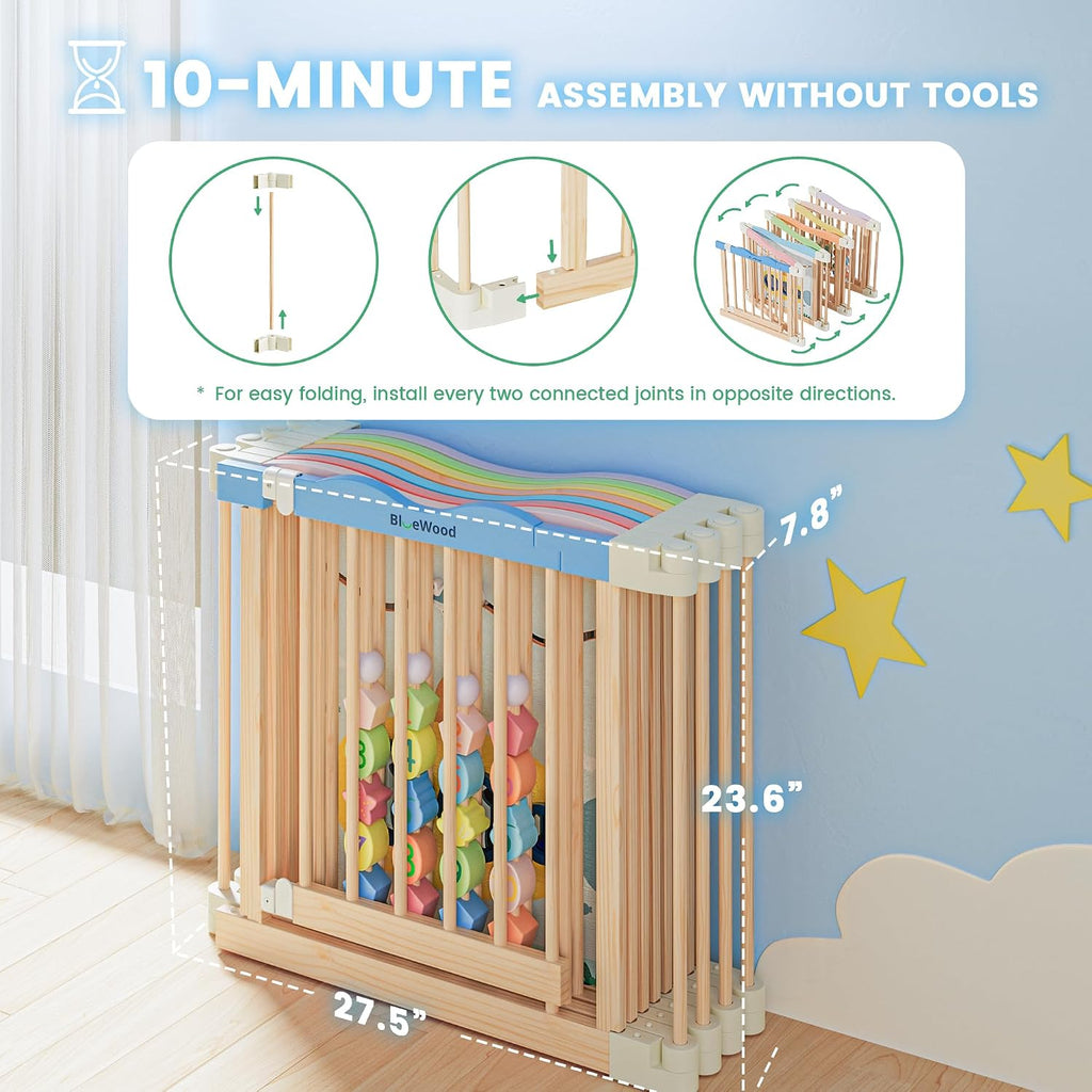 Foldable Wooden Playpen, 55 x 55 x 24 inches, Ocean Adventure, Colorful | Adjustable Wood Baby Play Yard with