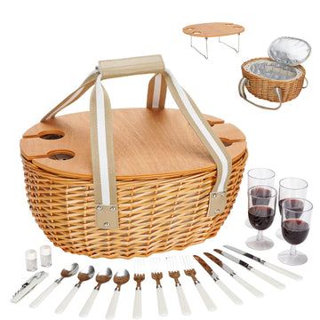 Wicker Picnic Basket Set for 4 with Table, Cooler for Family, Beige