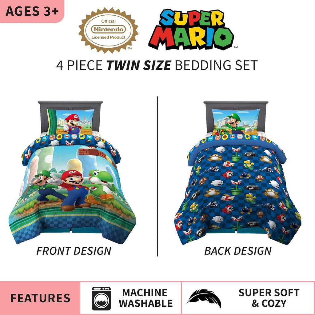 Super Mario Kids Twin Bedding, 4 Piece Super Soft Cozy Reversible Comforter and Sheet Set, (Officially Licensed Product)