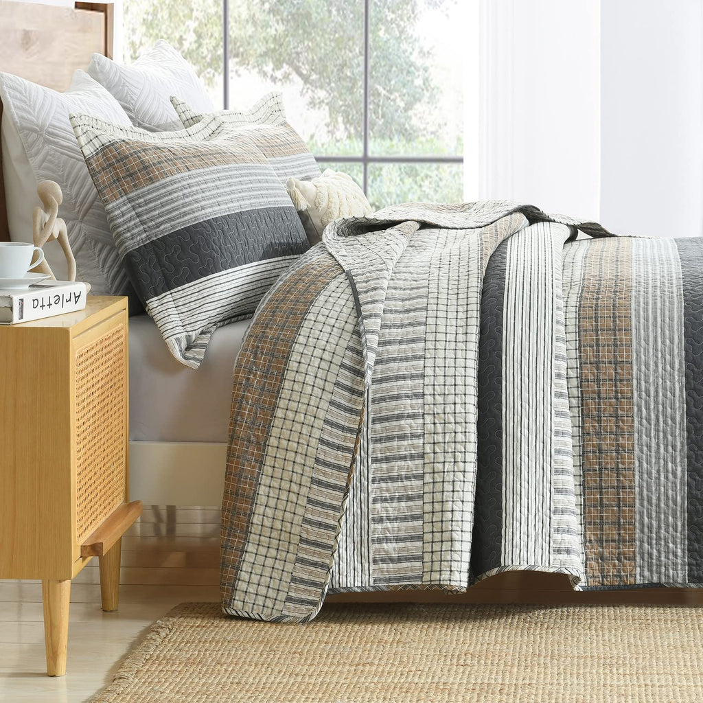 100% Cotton Modern Farmhouse Quilt Set, Neutral, Gray