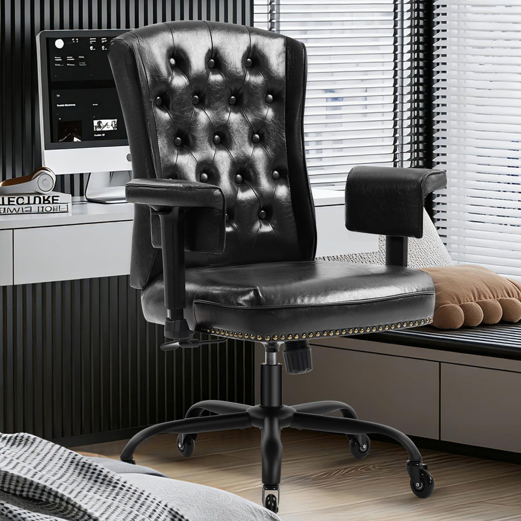Ergonomic Executive Office Chair with Wheels and Arms, Tufted Back & Nailhead Trim, Home Office Desk Chairs, Faux