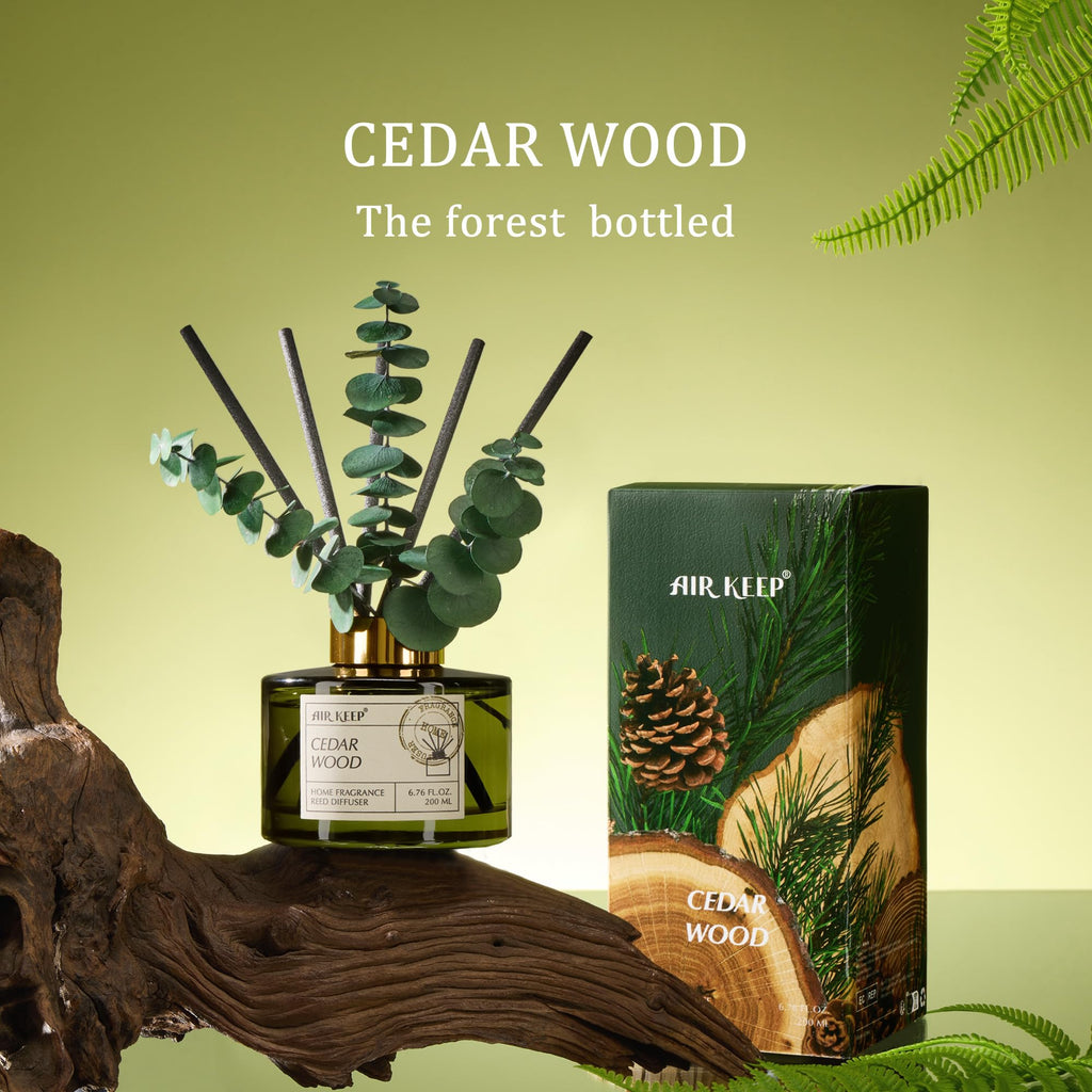 Reed Diffuser Set with 6.76 fl oz Cedar Wood Scent Essential Oils and 3 Leaves & 8 Diffuser Sticks, Bathroom Shelf