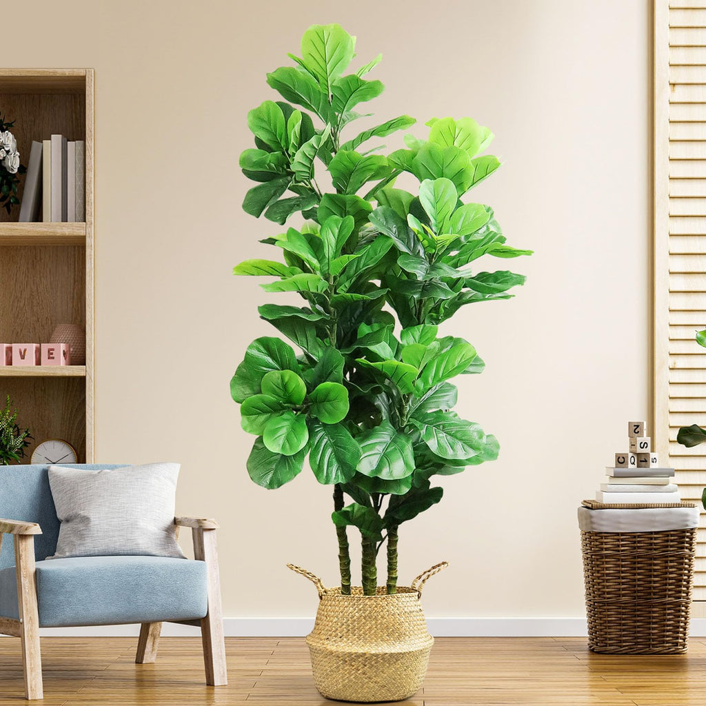 Artificial Fiddle Leaf Fig Tree, 6 FT Tall Artificial Tree with Woven Seagrass Plant Basket Fake Floor Plant in Pot
