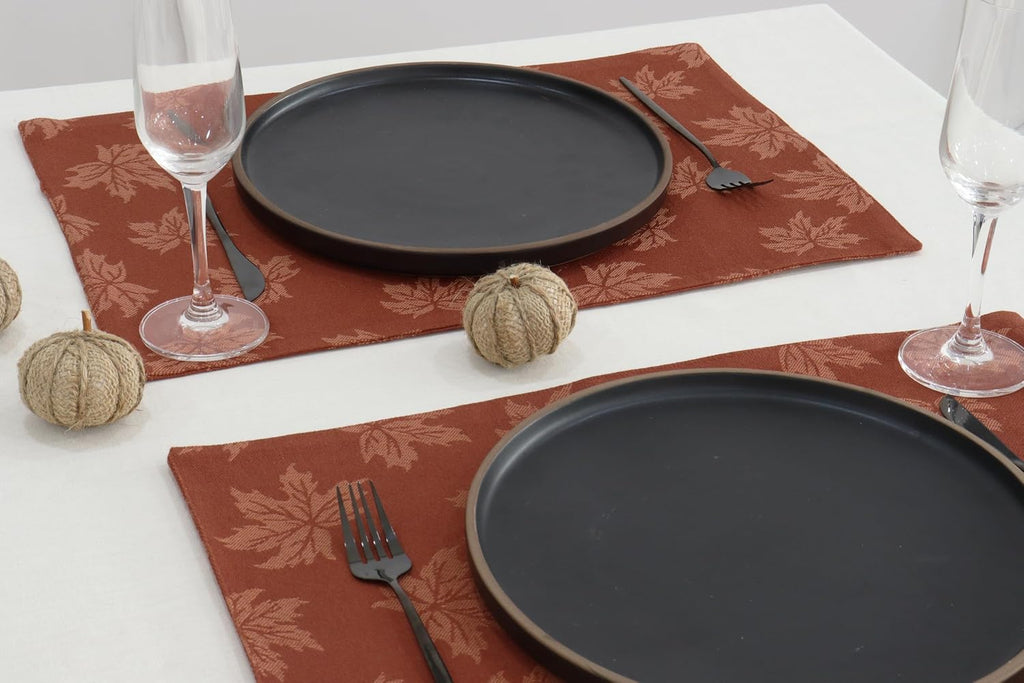 Rustic Damask Maple Leaves Fall Table Napkin (18x18 Inch Set of 6), Table Placemat (13x19 Inch Set of 4) - Jacquard