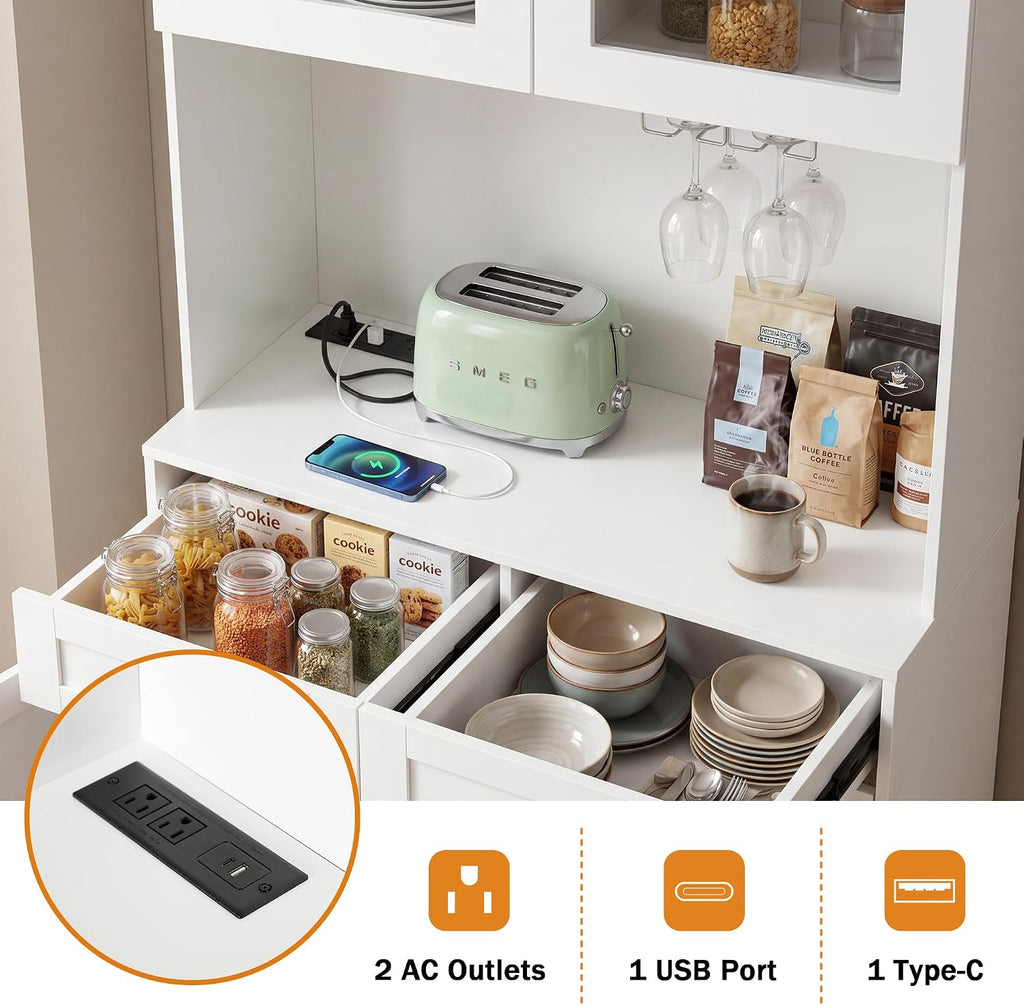 75" Arched Kitchen Pantry Cabinet with Charging Station, White | Coffee Bar Hutch with Adjustable Shelves, 2 Drawers