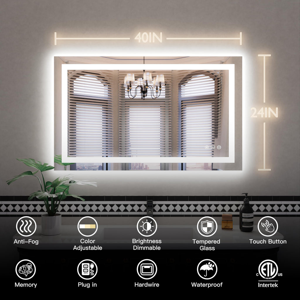 40x24 LED Bathroom Mirror, Wall Mounted Vanity Mirror, Dimmable
