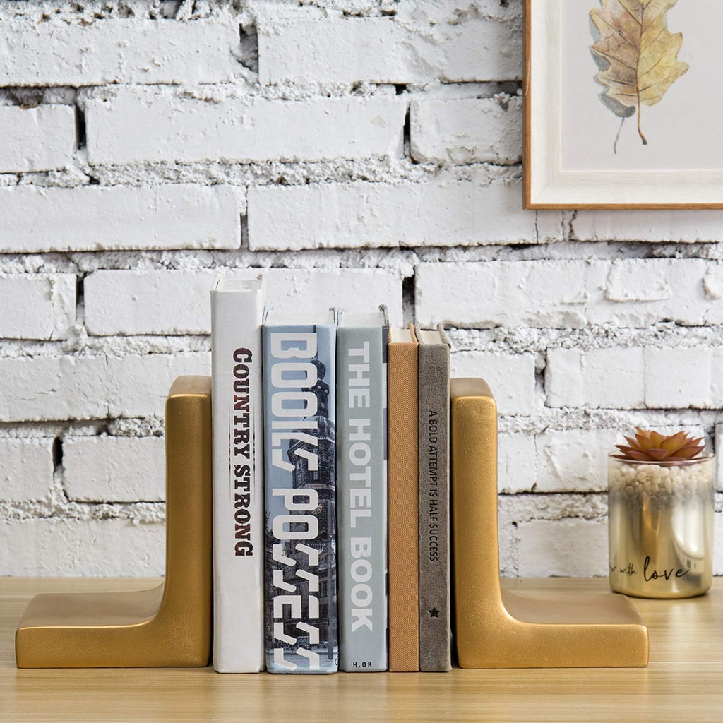 Modern Gold Concrete Office Bookshelf Decor Bookends for Heavy Book and Textbooks, Desktop Book Holder, 1 Pair