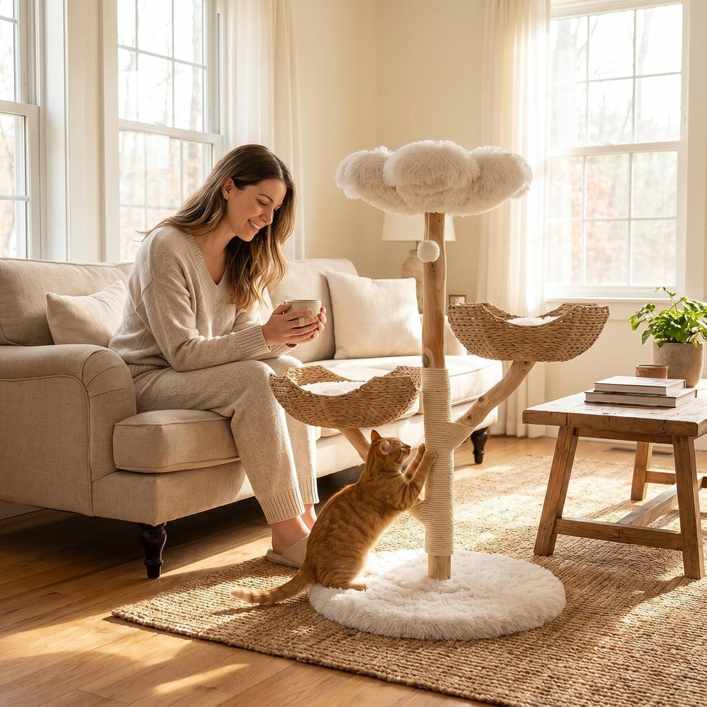Modern Cat Tree Tower, 45" Wooden Cat Tree for Indoor Cats Large Adult, Real Solid Luxury Cat Condo with Scratching