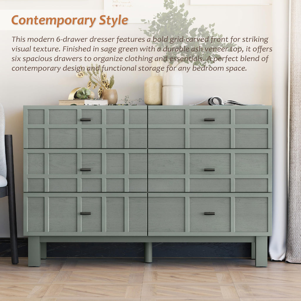 Modern 6 Drawer Double Dresser X 2P with Grid Carved Pine Front, Minimalist Chest of Drawers with Large Storage Space