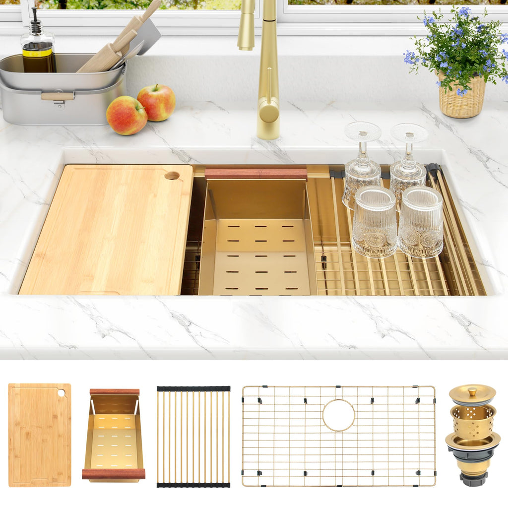 Gold Undermount Kitchen Sink, 32" x 19" x 10", 16 Gauge T304 Stainless Steel Workstation Sink, Deep Single Bowl