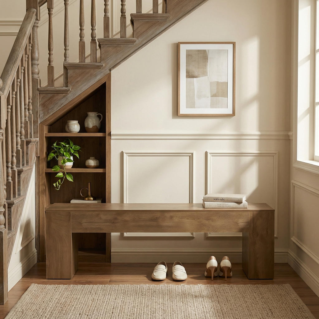 70.8" Long Wooden Bench, Modern Farmhouse Dining Bench, Minimalist Benches, Rustic Brown, Easy Assembly