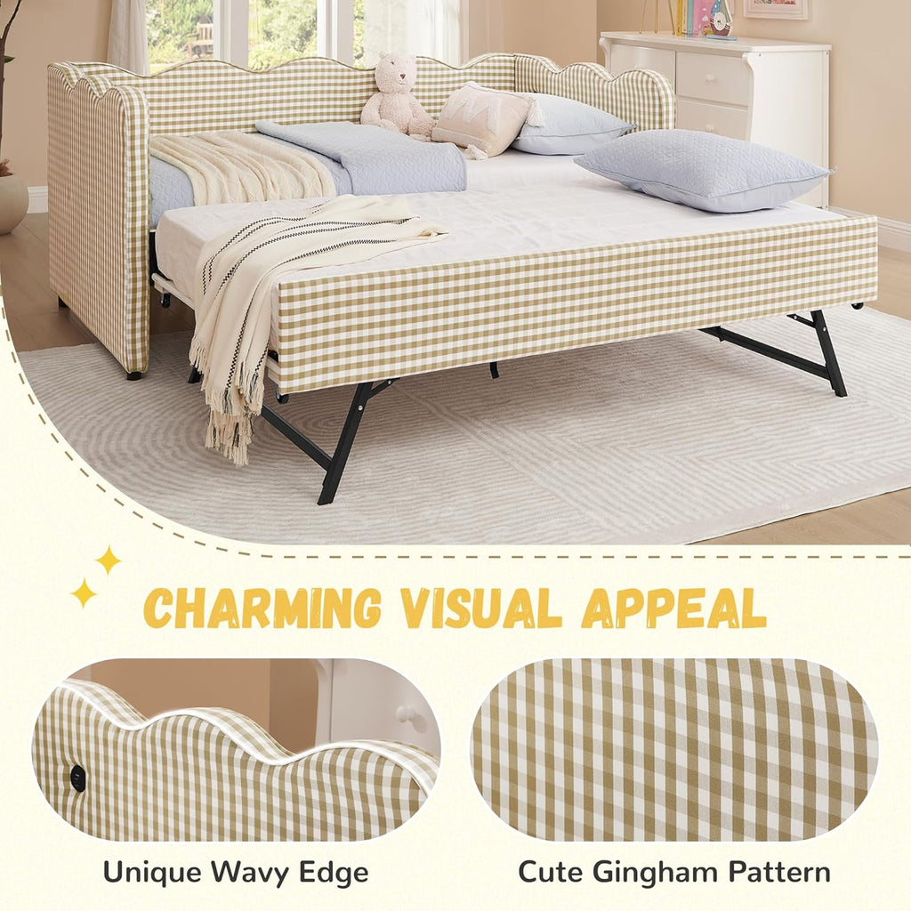 Twin Size Gingham Daybed with Trundle and USB Ports | Upholstered Daybed Living Room Guest Room-Brown