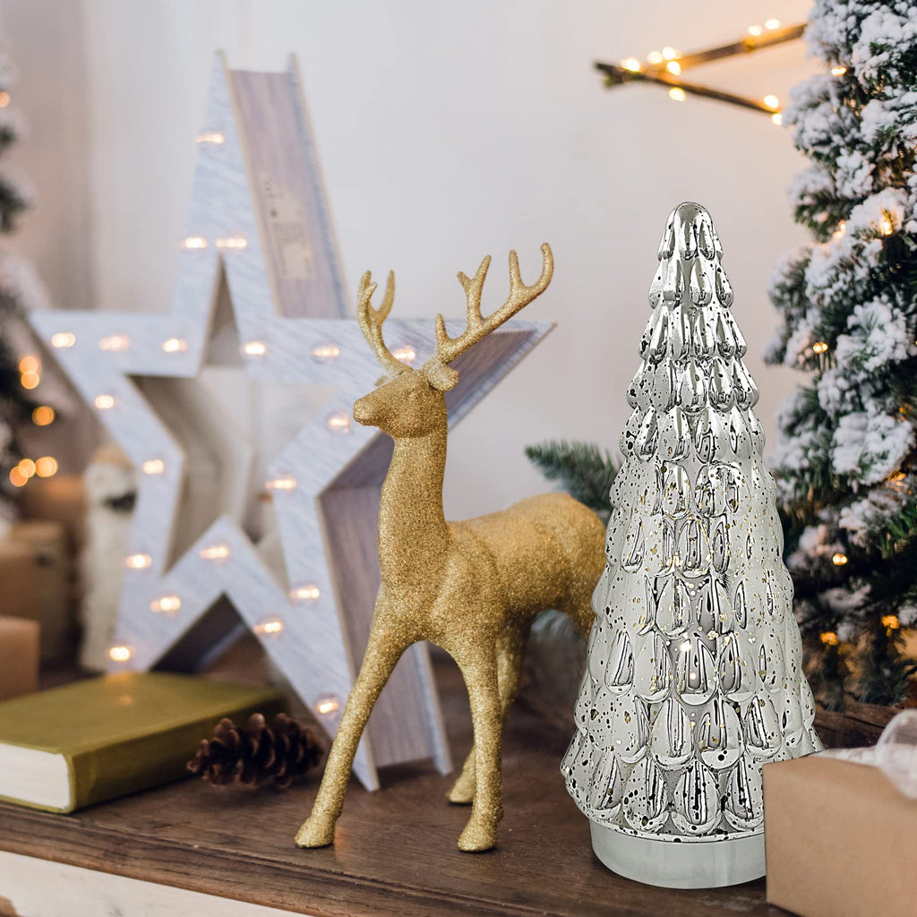 Silver Tabletop Christmas Tree 3pcs, Small Mercury Glass Christmas Trees with Light, Battery Operated Mini Xmas Tree