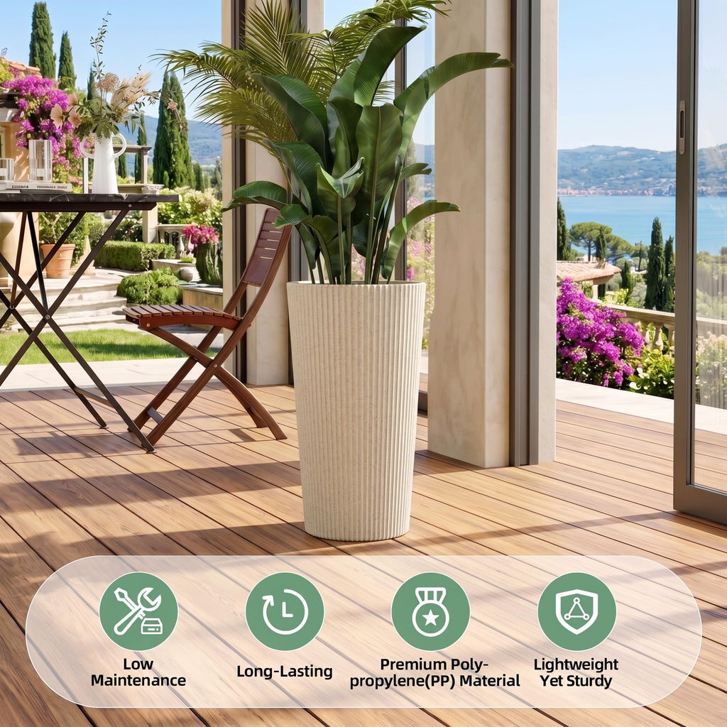 24" Tall Planters for Outdoor Plants with Insert, Set of 2 Cream