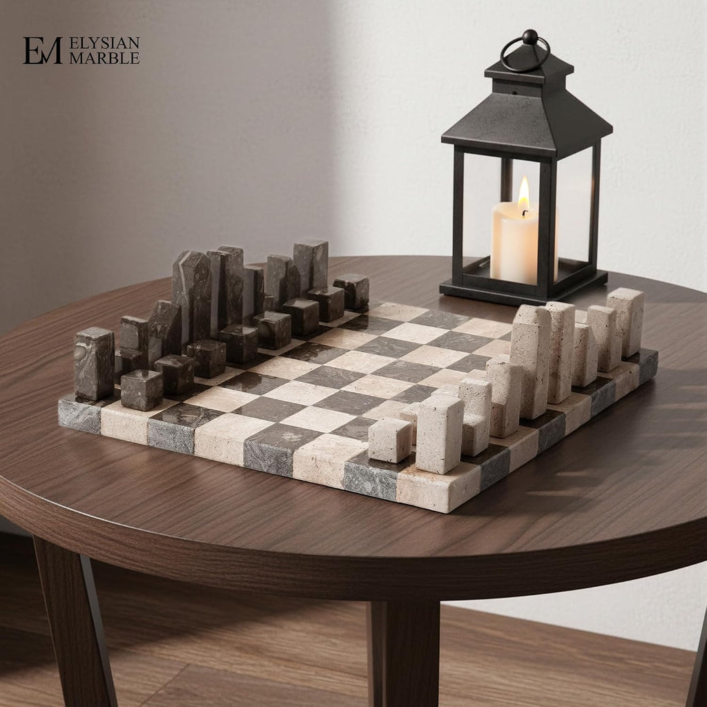 Modern Chess Set - Handcrafted Borderless Marble Chess Board with Minimalist Geometric Pieces, Luxury Decorative