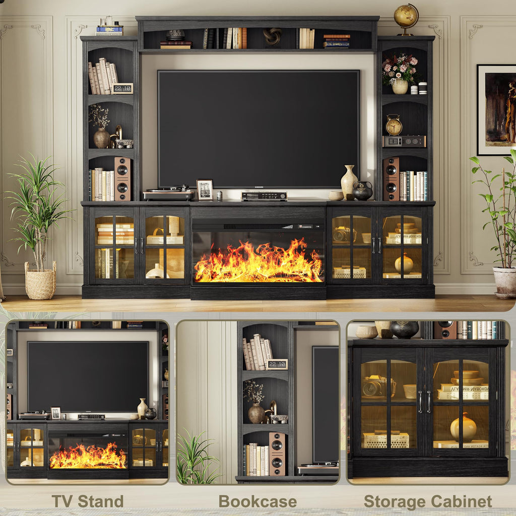 98" Wall Unit TV Stand with 36" Electric Fireplace, Black