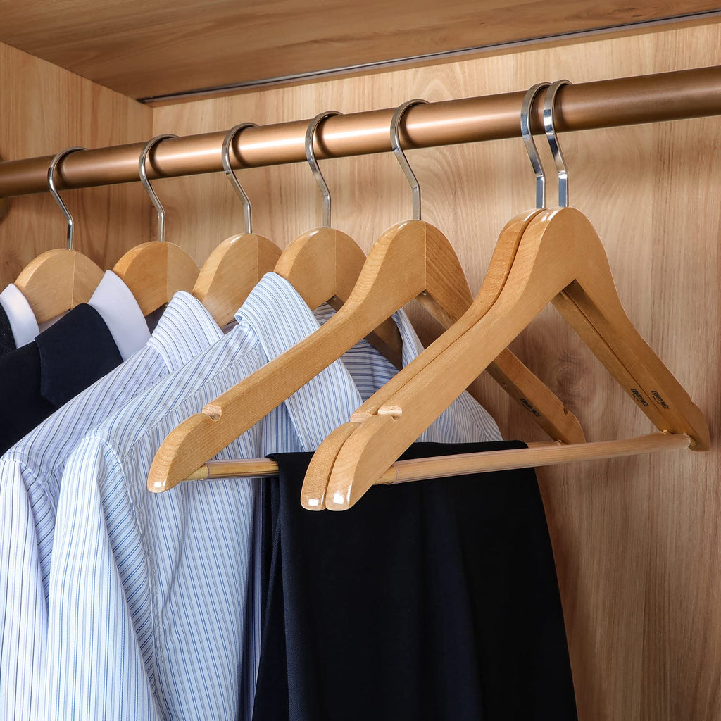 Premium Wooden Hangers with Extra Thick Hook and Non Slip Pants Bar, Luxury Suit Hangers for Closet with Notches for