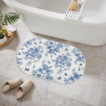 Blue Floral Chinoiserie Bath Mats Blue and White Flower Vintage Rug for Room Decor (31x20inch, Flower and Birds)
