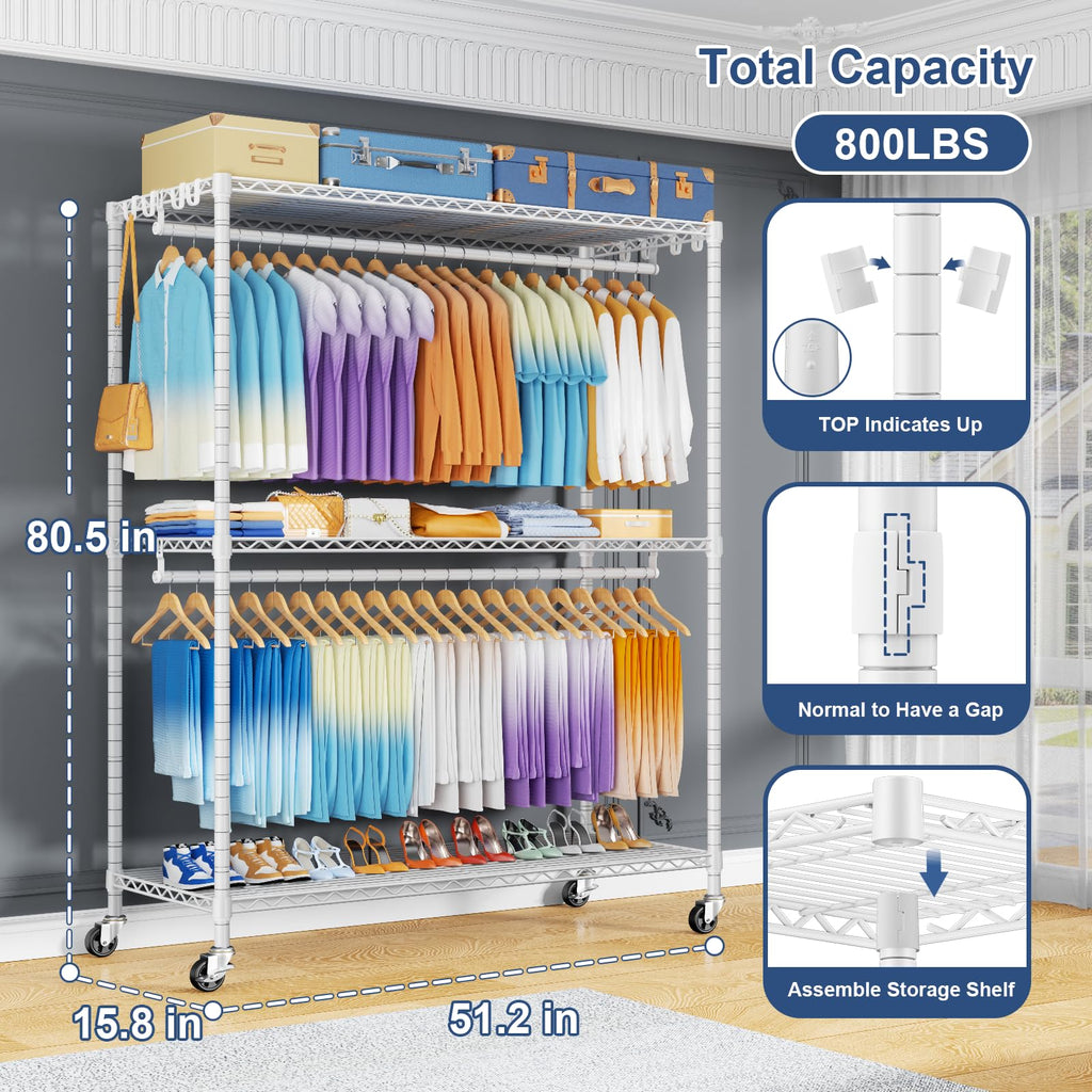 P8 Max Heavy Duty Clothes Rack(With Extended Width Design) Rolling Clothing Racks for Hanging Clothes, Portable