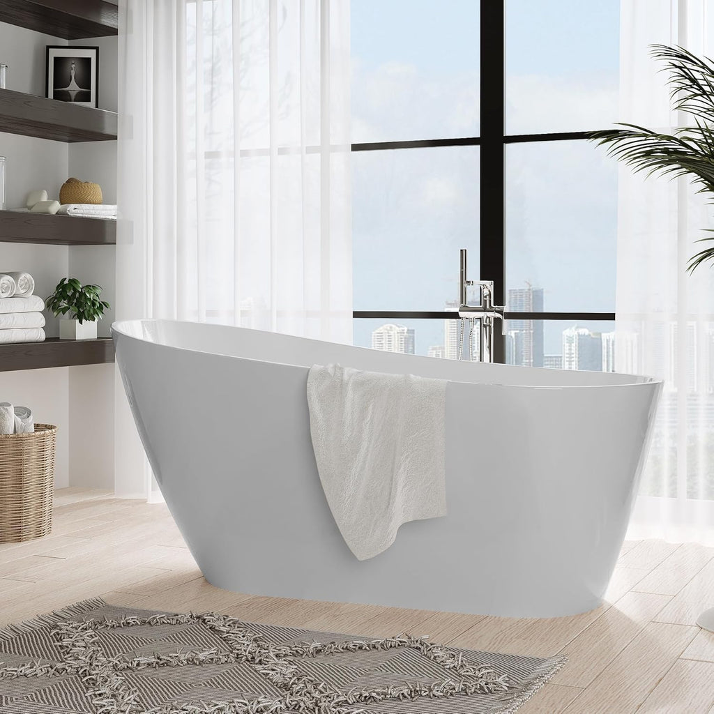 67" Freestanding Bathtub, Black Exterior White Interior Acrylic Stand Alone Soaking Tub, Modern Oval Bath with